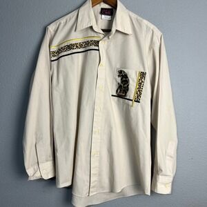 PGB by Gepetto Novelty Button Down Shirt Leopard Cat Print Party Top Size M USA‎